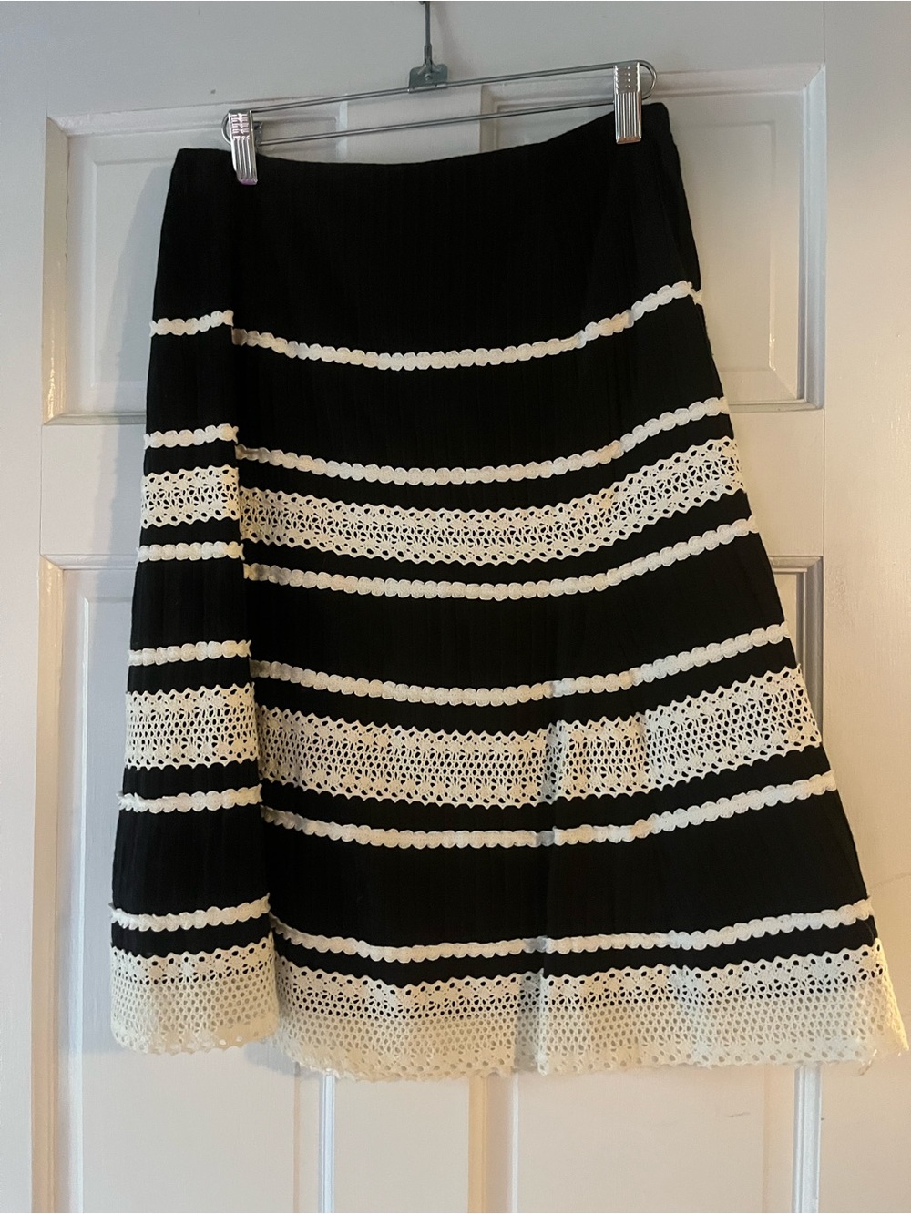 Talbots Black A-Line Skirt with White Crochet Stripes